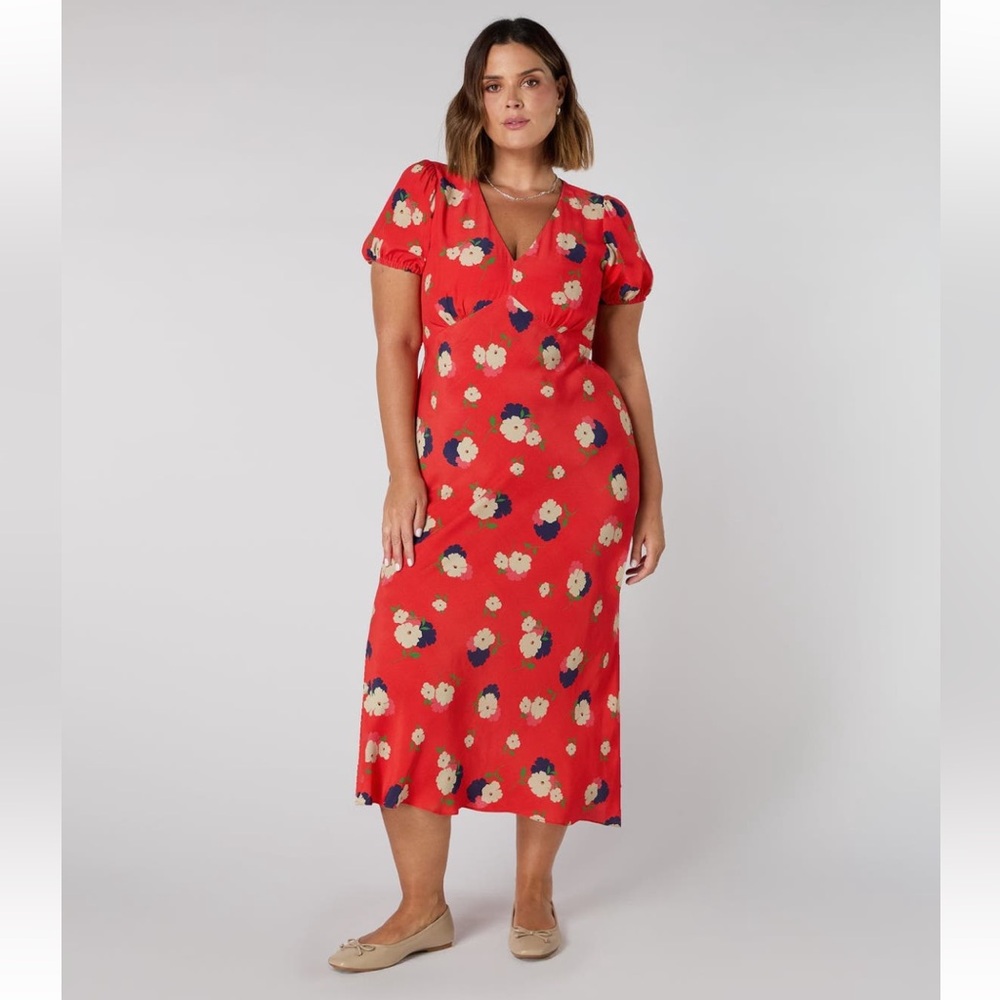 Live Unlimited Floral Puff Sleeve Midi Dress In Red Floral. UK 24 EU 52 US 20